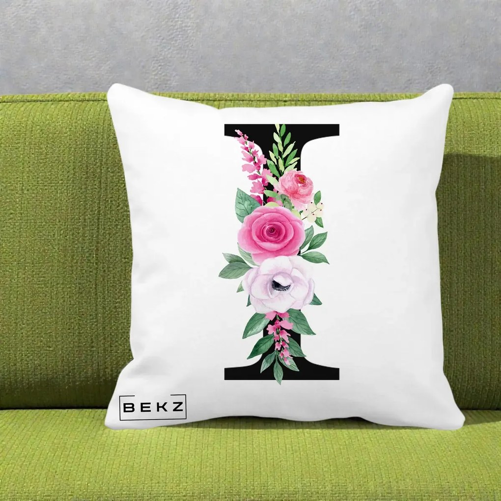 Cadou Personalizat - Perna Personalizata Monograma Florala Litera I, 40x40 cm, Alba Mata, Husa Detasabila, Perna Inclusa, BEKZ®