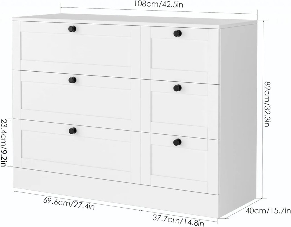 COA219 - Comoda, 108 cm, dulap living, dormitor sau hol cu 6 sertare - Alb