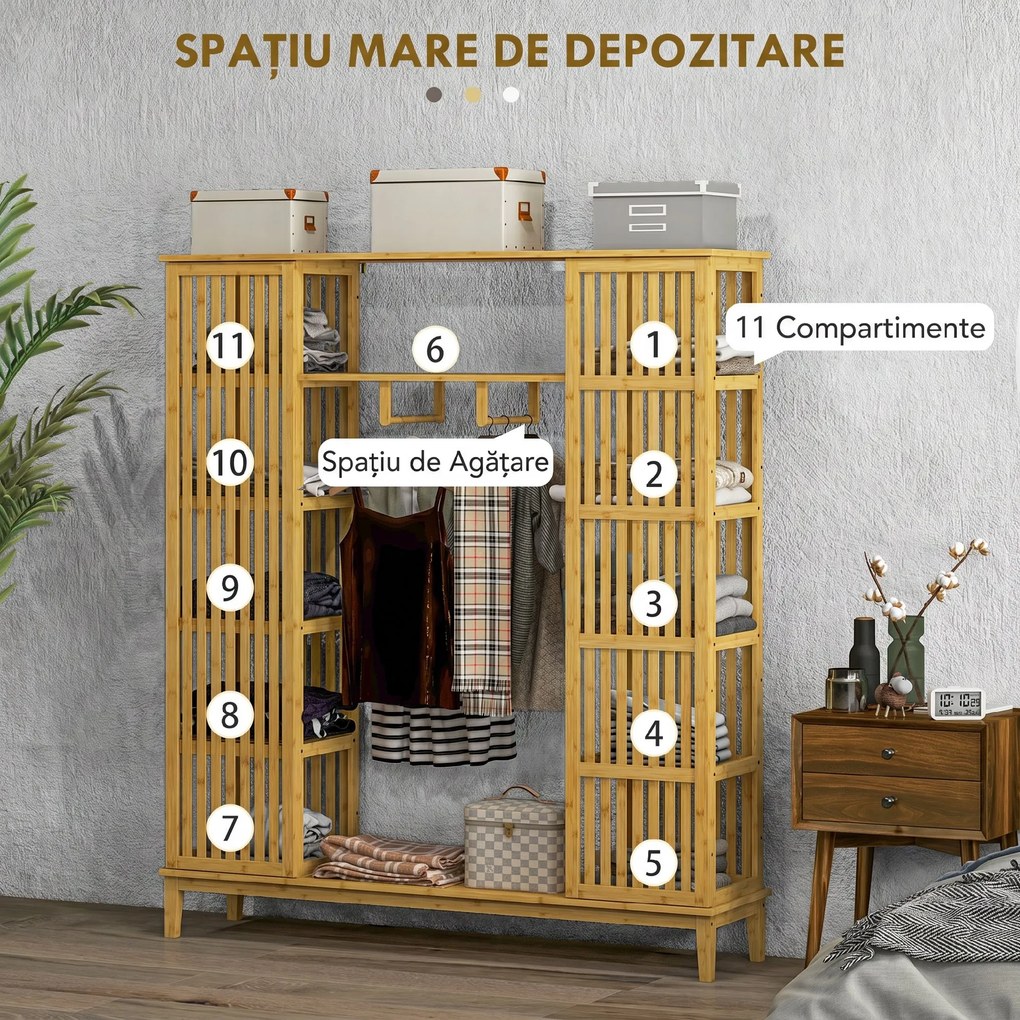 HOMCOM Dulap Deschis din Bambus cu 2 Uși Glisante, Garderobă cu Rafturi și Bară de Haine, 145x35x165 cm, Lemn Natural | Aosom Romania