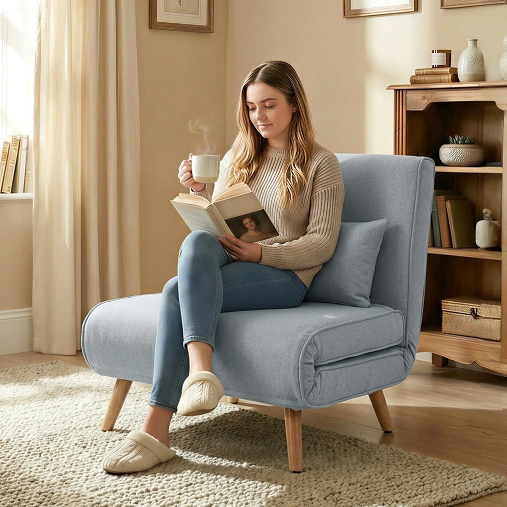 HOMCOM Fotoliu șezlong convertibil 3 în 1 pat fotoliu 1 loc spătar 5 poziții în material cu pernă, gri | Aosom Romania