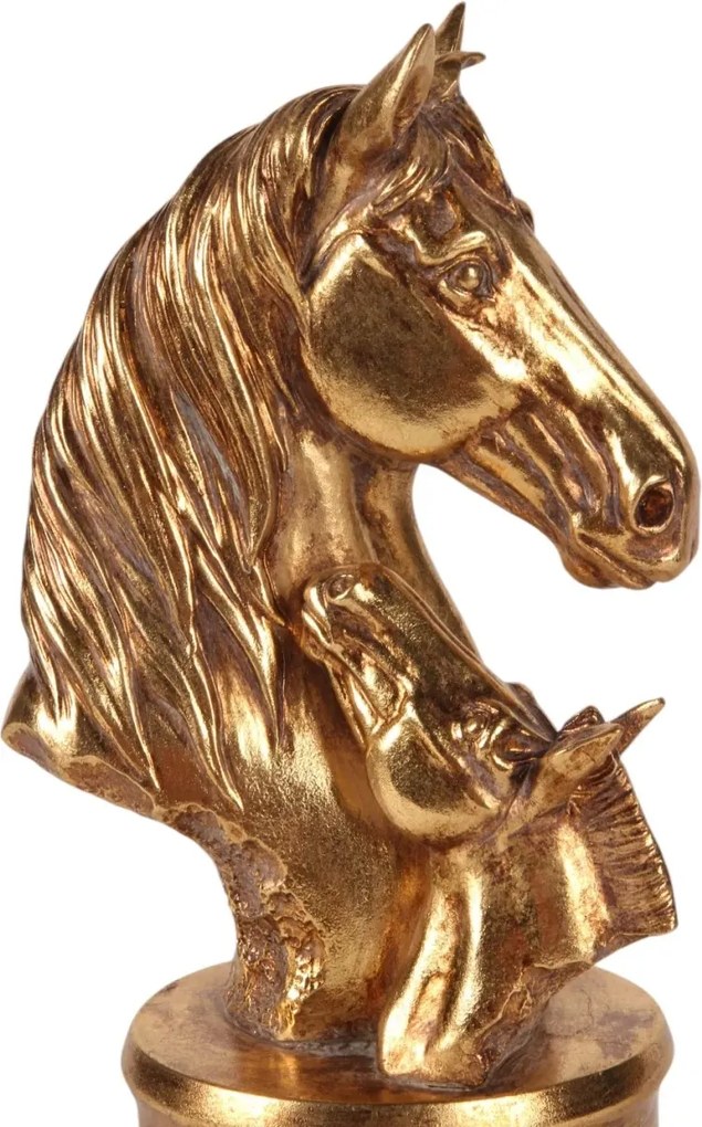 Statuetă decorativă din polirășină, auriu, două capete de cal pe soclu rotund, finisaj antichizat, 26,5 x 14 x 12 cm, „Tendresse”