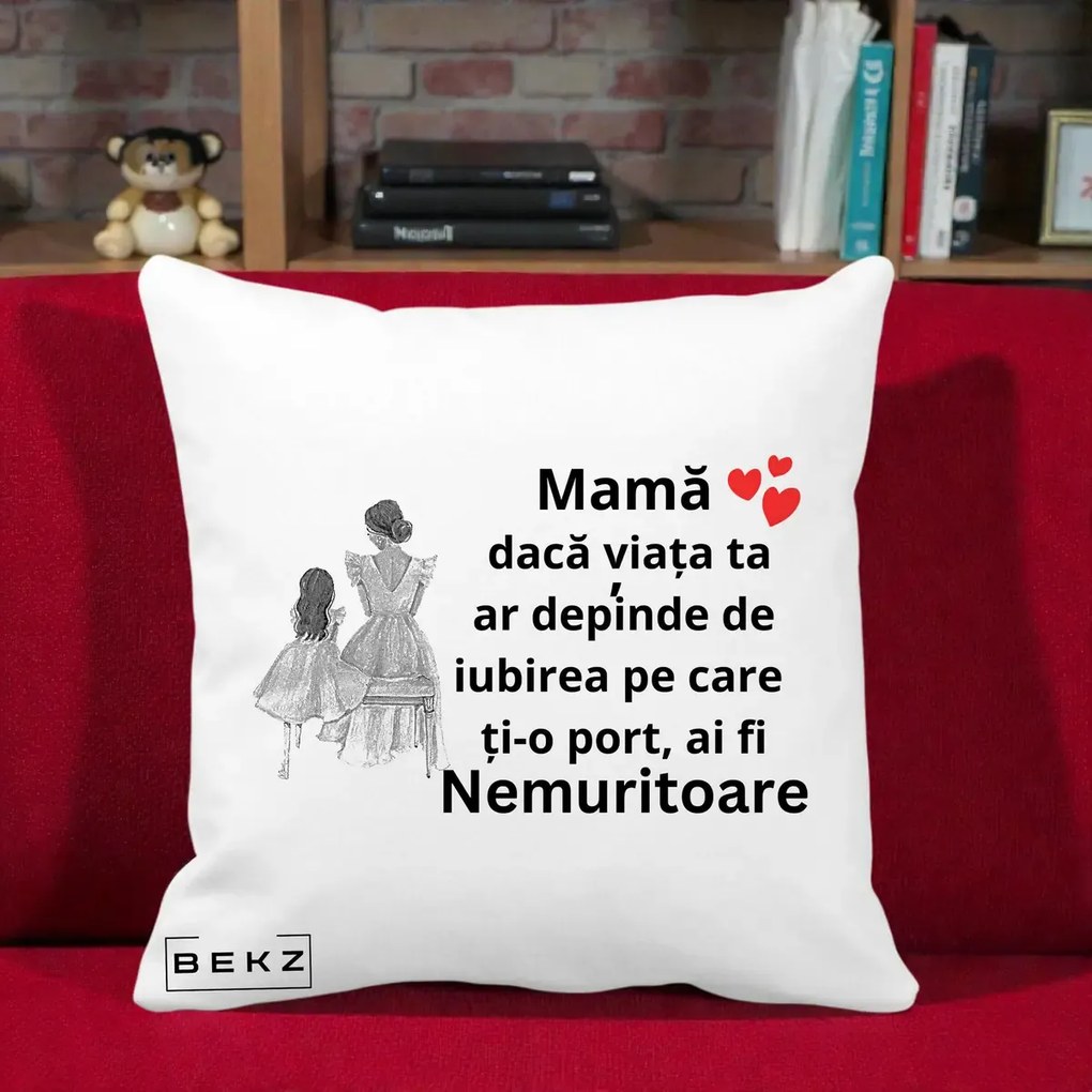 Cadou pentru Mama - Perna Personalizata Mama Nemuritoare Line Art, 40x40 cm, Alba Mata, Husa Detasabila, Perna Inclusa, BEKZ®