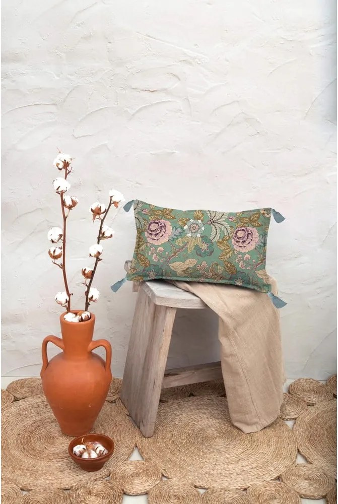 Pernă verde Velvet Atelier Japanese Flowers, 50 x 35 cm