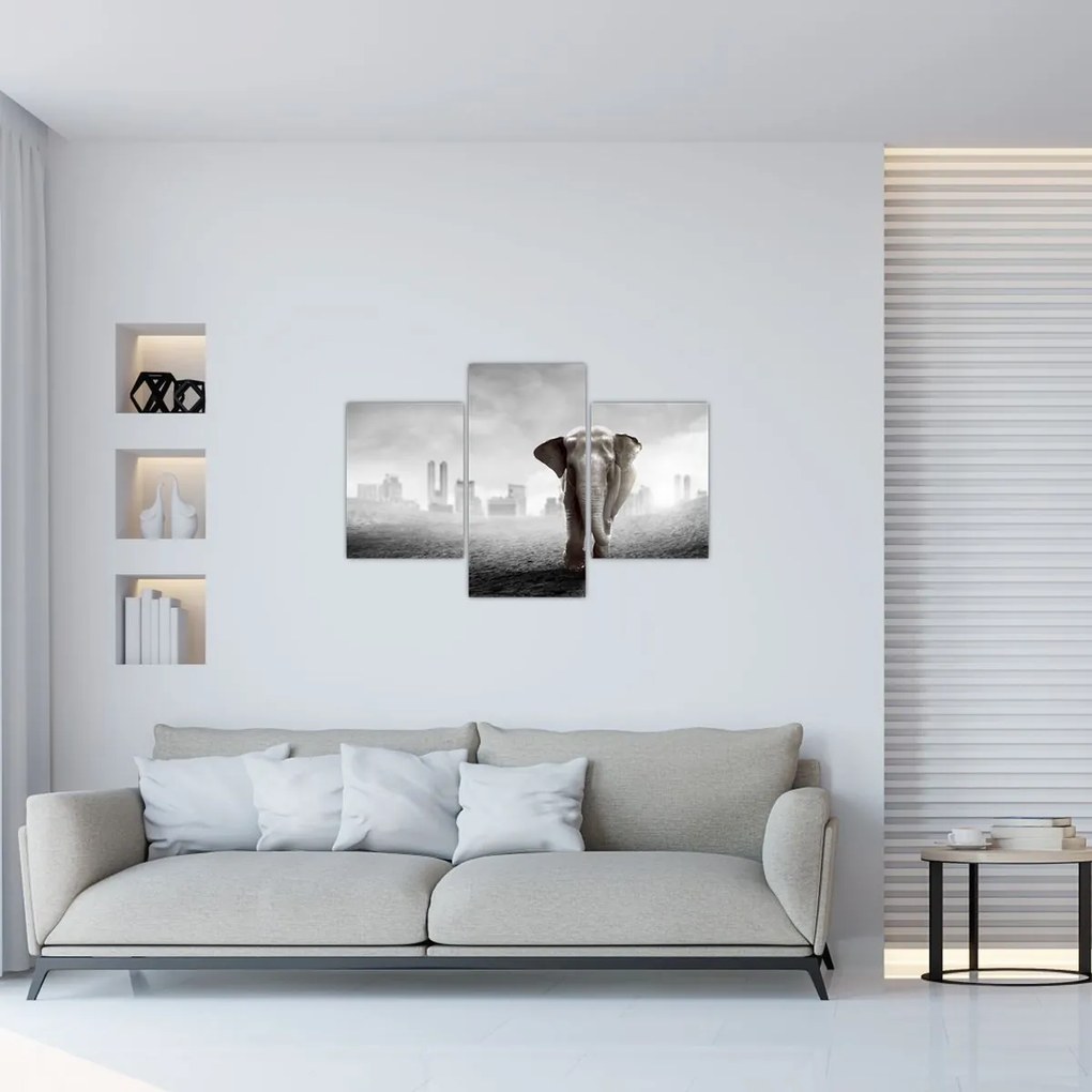 Tablou - Elefanți în oraș, versiunea alb-negru (90x60 cm)