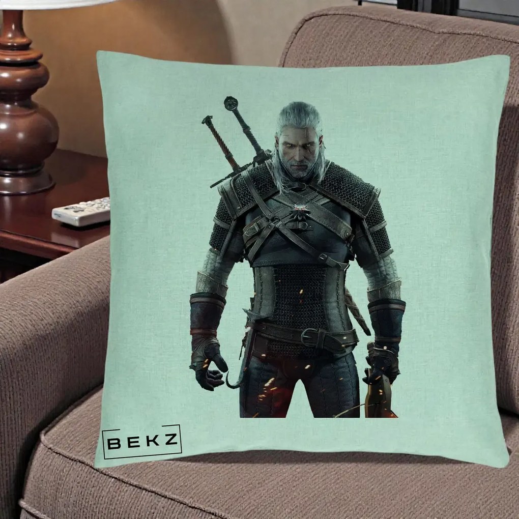 Perna Personalizata The Witcher Geralt of Rivia Portret, 40x40 cm, Verde Menta, Husa Detasabila, Perna Inclusa, BEKZ®