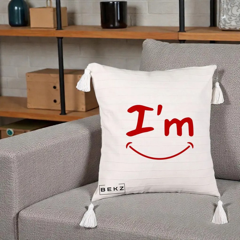 Perna Decorativa I'm Happy Smile, 40x40 cm, Bej cu Franjuri, Husa Detasabila, Perna Inclusa, BEKZ®