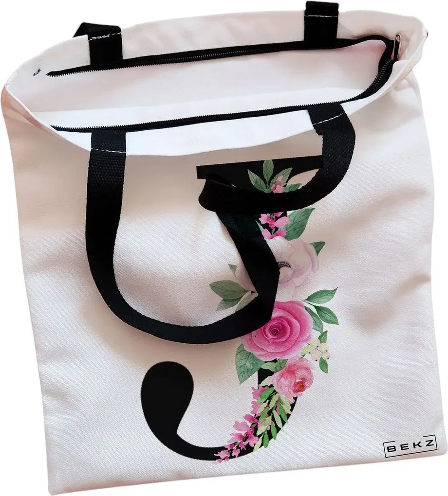 Sacosa de Panza pentru Cumparaturi, Geanta Tote, Cu litera J si Trandafiri, Cu fermoar, 38x34.5 cm, Alba, BEKZ®