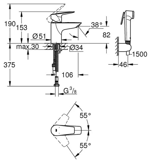 Baterie lavoar Grohe BauEdge New S cu dus igienic crom