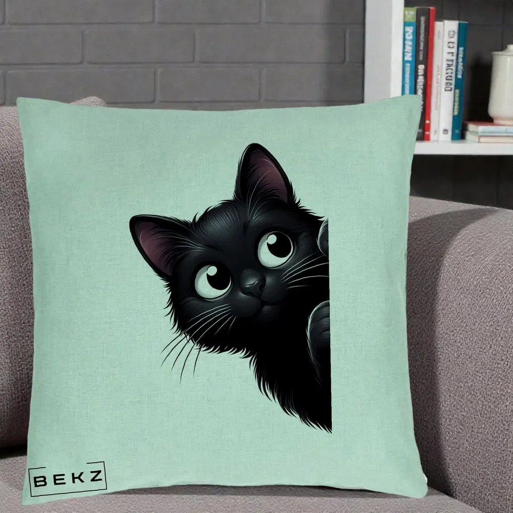 Perna Decorativa Pisica Neagra Dragalasa Curioasa, 40x40 cm, Verde Menta, Husa Detasabila, Perna Inclusa, BEKZ®