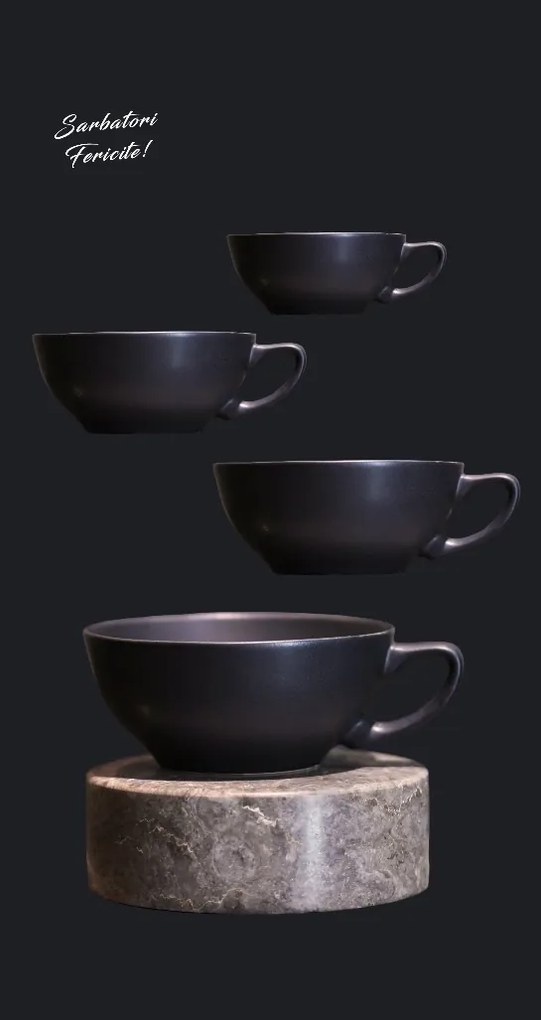 Set Cadou 4 Cesti Vulcano Adora 300ml (design organic, forma atipica) Negru Mat (2 + 2 cadou)