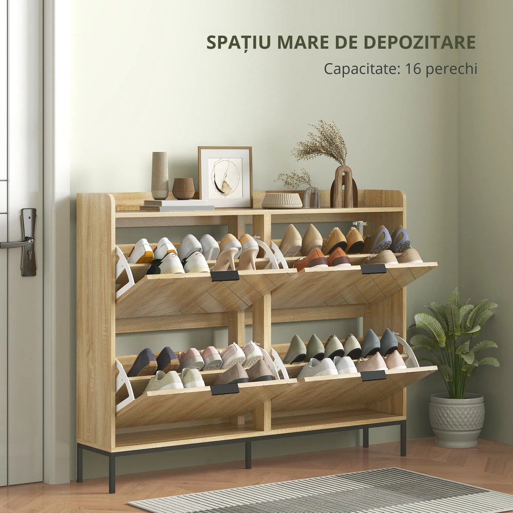 HOMCOM Mobila de pantofi 16 perechi cu 4 sertare, uși rabatabile, rafturi reglabile, 110 x 23,5 x 95,5 cm, stejar | Aosom Romania