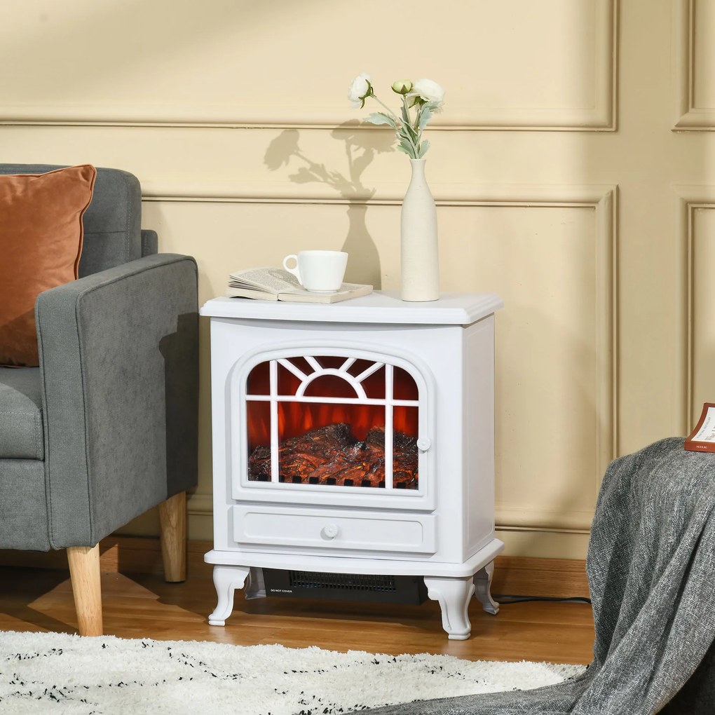 HOMCOM Șemineu Electric Portabil 1000/2000W cu Flacără LED Intensitate Reglabilă Termostat Reglabil și Protecție la Supraîncălzire pentru Săli de 25 m² 51x28x60 cm Blanco | Aosom Romania