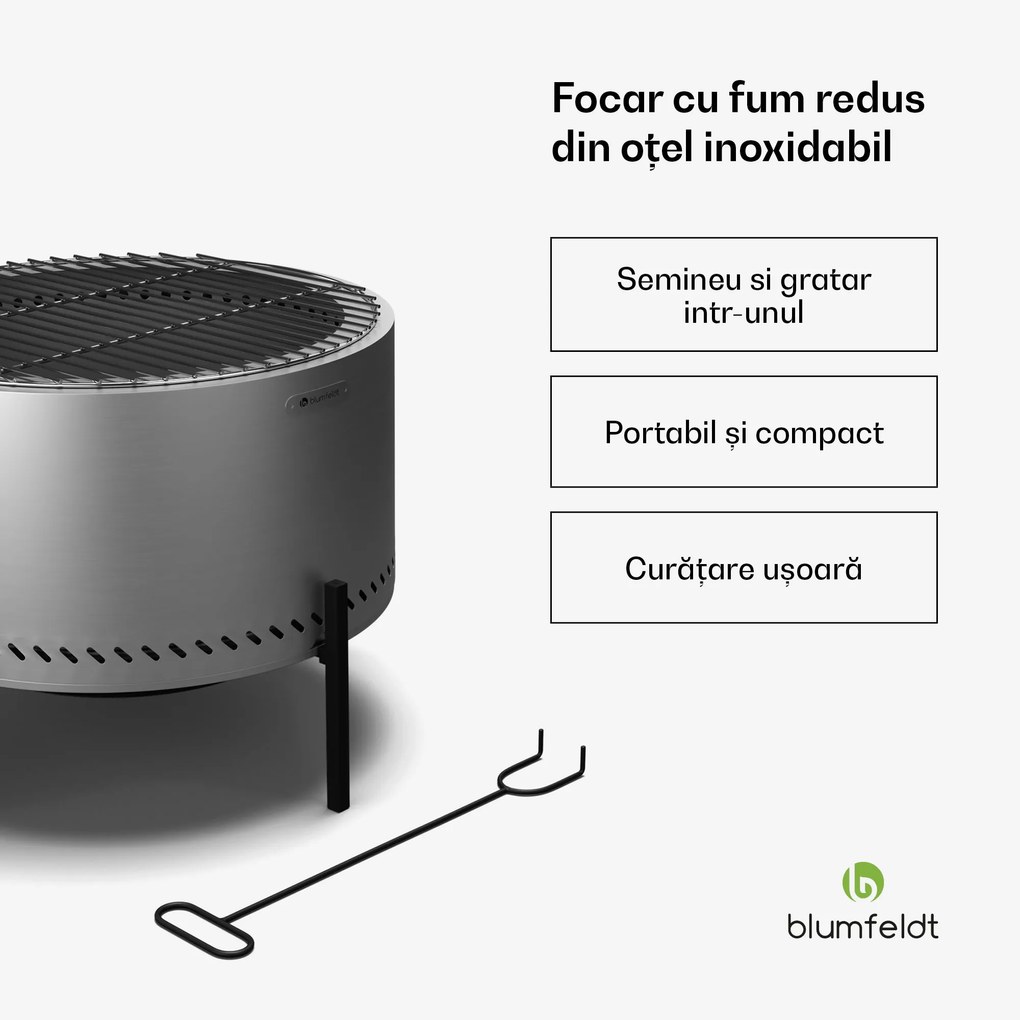 Focar Ignite Pure, fum redus, grătar pentru grătar, oțel inoxidabil, portabil, capac pentru ploaie, mânere de transport