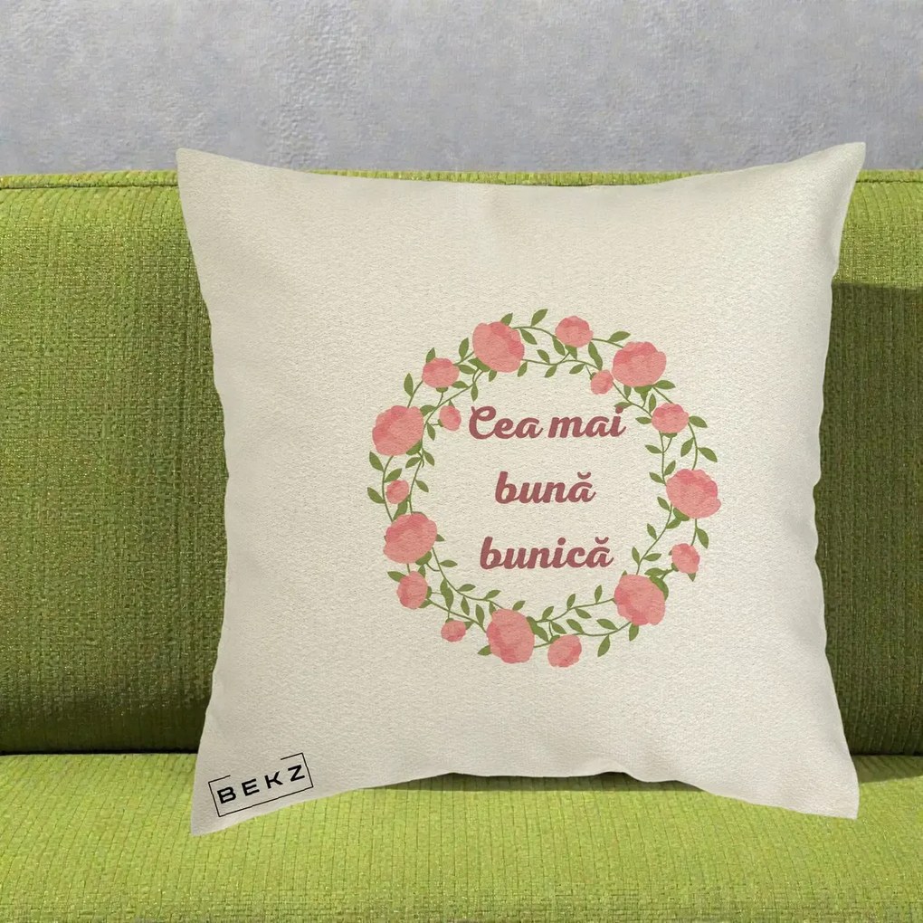 Cadou pentru Bunica - Perna Personalizata Cea Mai Buna Bunica Coronita Trandafiri Roz Clasic, 40x40 cm, Ecru, Husa Detasabila, Perna Inclusa, BEKZ®