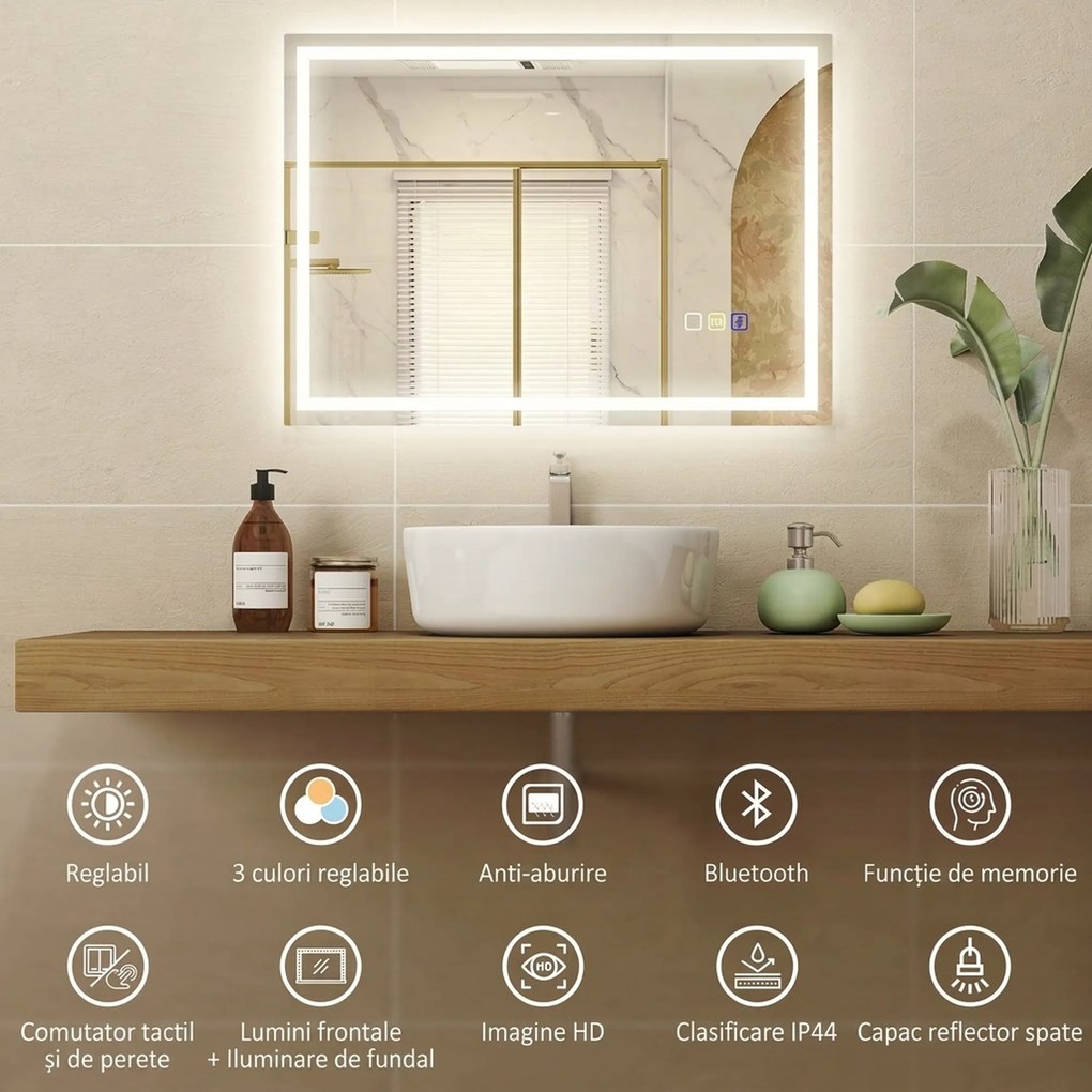 HOMCOM Oglindă Baie Antiaburire cu Lumină LED și Difuzor Bluetooth 50x70 cm | Aosom Romania