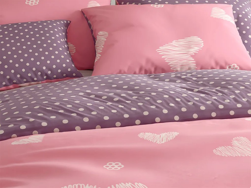 Lenjerie de pat din bumbac, reversibila, INIMI SI BULINE roz