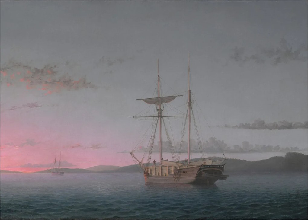 Tablou pe sticlă - Fitz Henry Lane, Lumber Schooners at Evening on Penobscot Bay, reproducere (70x50 cm)