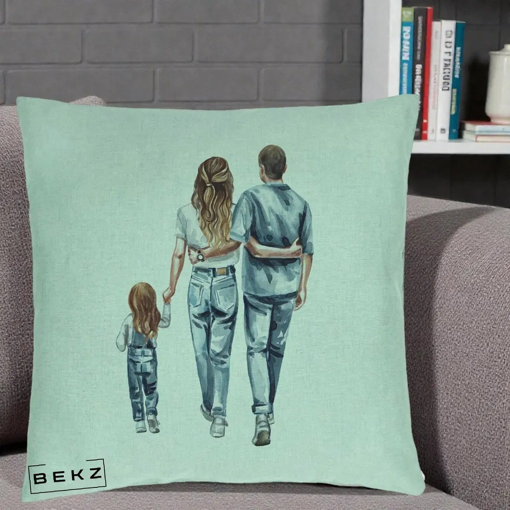Cadou pentru Familie - Perna Personalizata Familie Acuarela Jeans, 40x40 cm, Verde Menta, Husa Detasabila, Perna Inclusa, BEKZ®