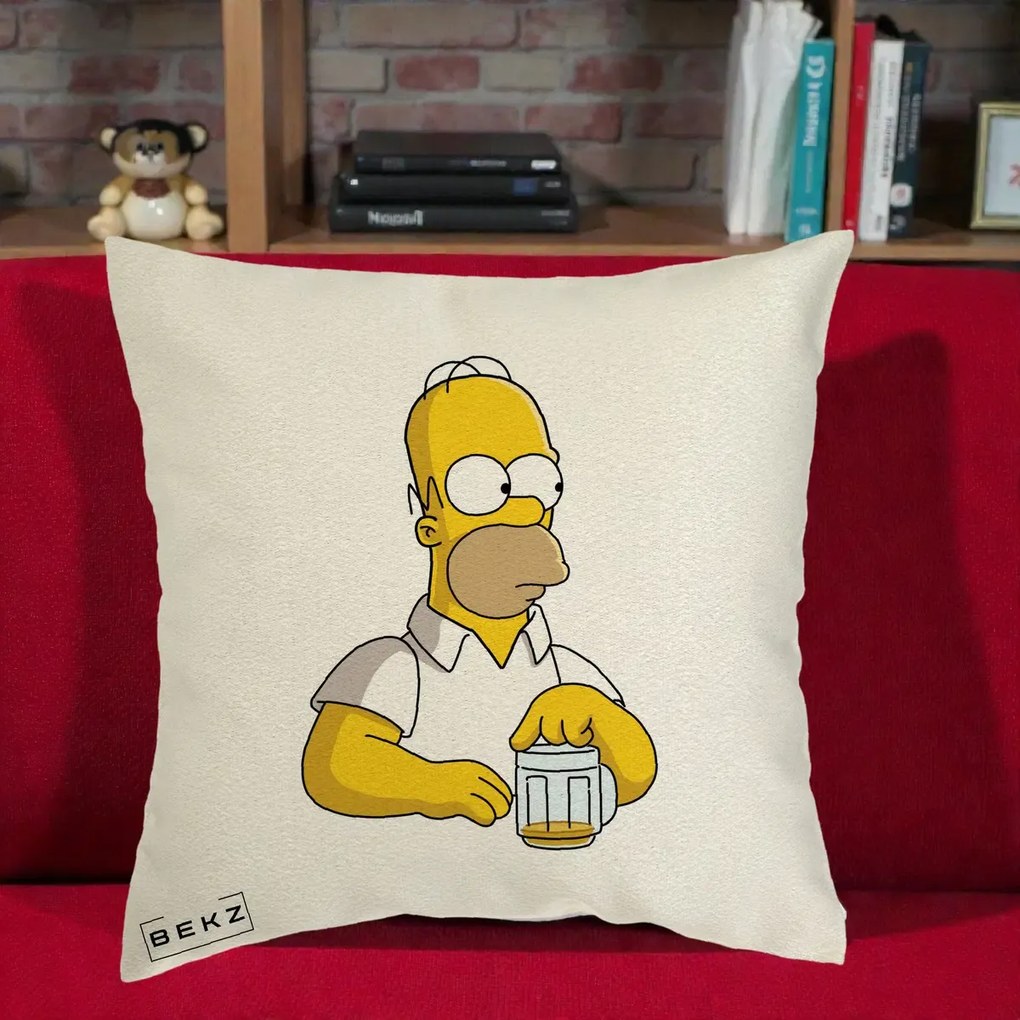 Perna Personalizata Homer Simpson cu Bere, 40x40 cm, Ecru, Husa Detasabila, Perna Inclusa, BEKZ®