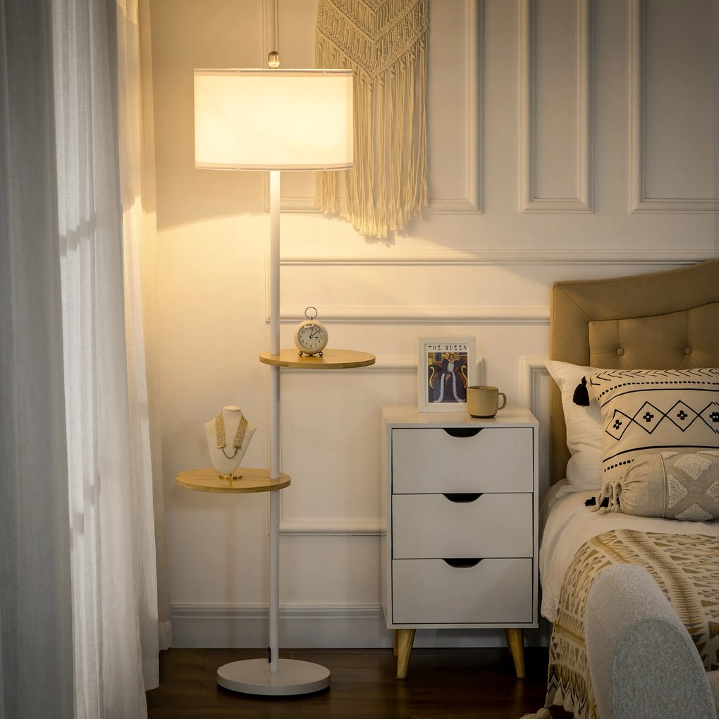 HOMCOM Lampa de podea cu 2 rafturi, Lampa de podea din metal si lemn cu abajur din material, Ø40x163cm, alb | AOSOM RO