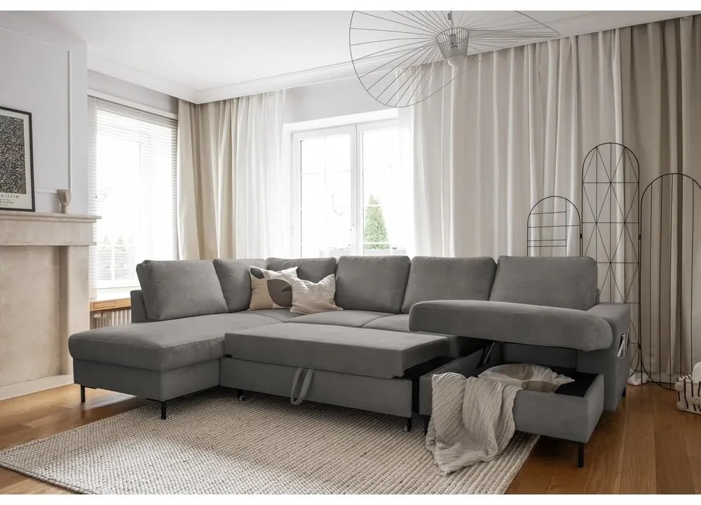 Colțar gri extensibil cu tapițerie din catifea reiată (cu colț pe partea stângă ) Lofty Lilly – Miuform