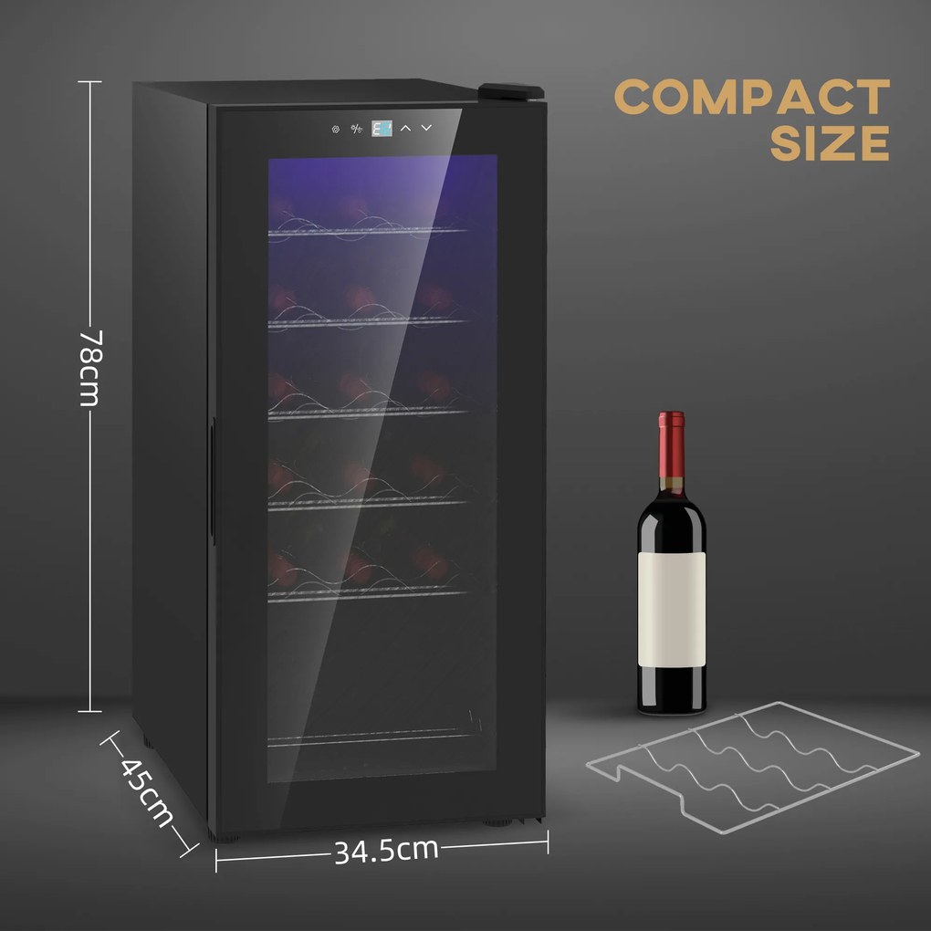 HOMCOM Frigider pentru Vinuri, Frigider de Vin cu Control al Temperaturii, Ecran Tactil Digital și Lumină LED, 18 Sticle, 34.5x45x78 cm, Negru
