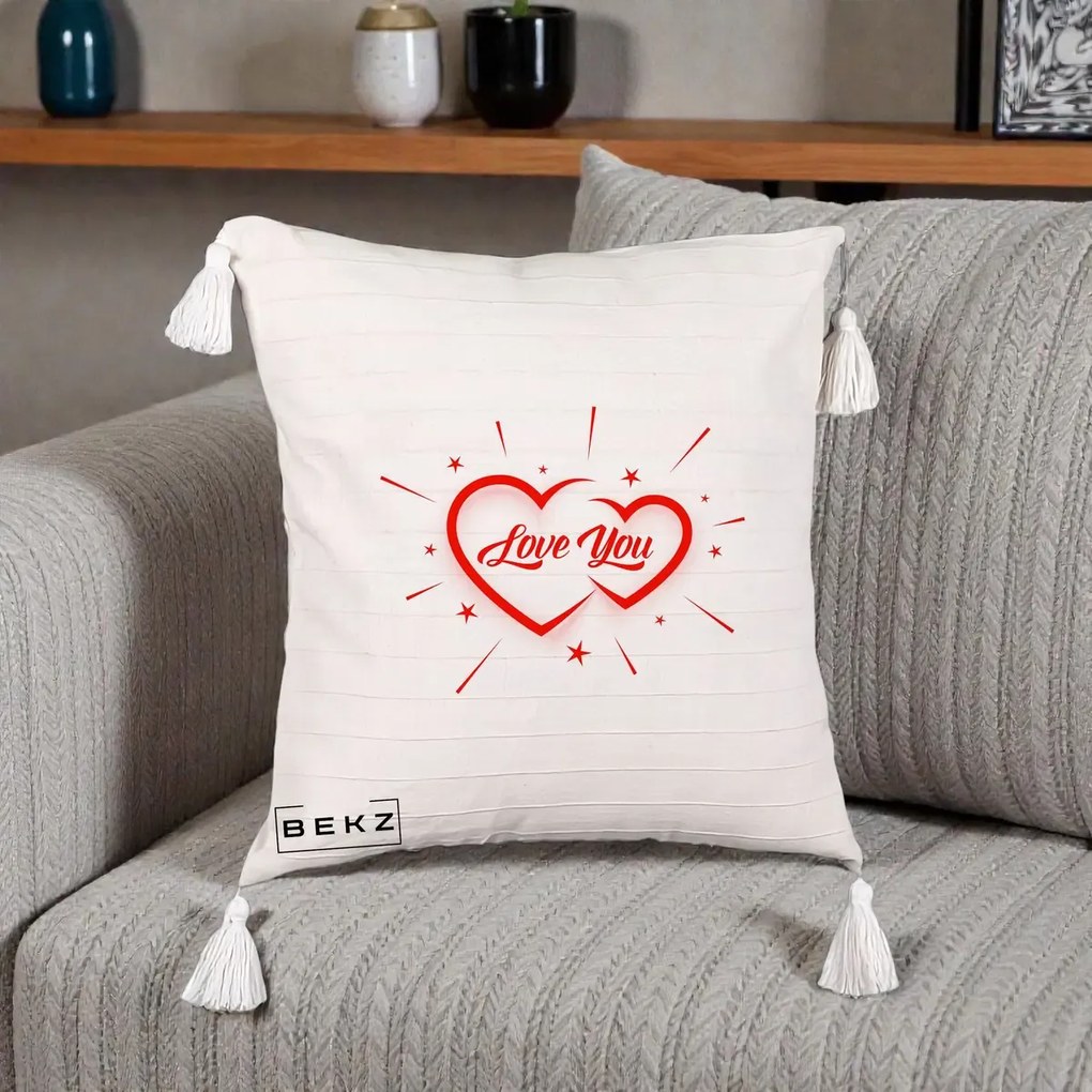 Cadou Romantic - Perna Personalizata Love You Doua Inimi, 40x40 cm, Bej cu Franjuri, Husa Detasabila, Perna Inclusa, BEKZ®