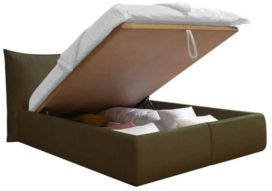 Pat matrimonial verde închis tapițat cu spațiu de depozitare cu somieră 180x200 cm Jade – Bobochic Paris