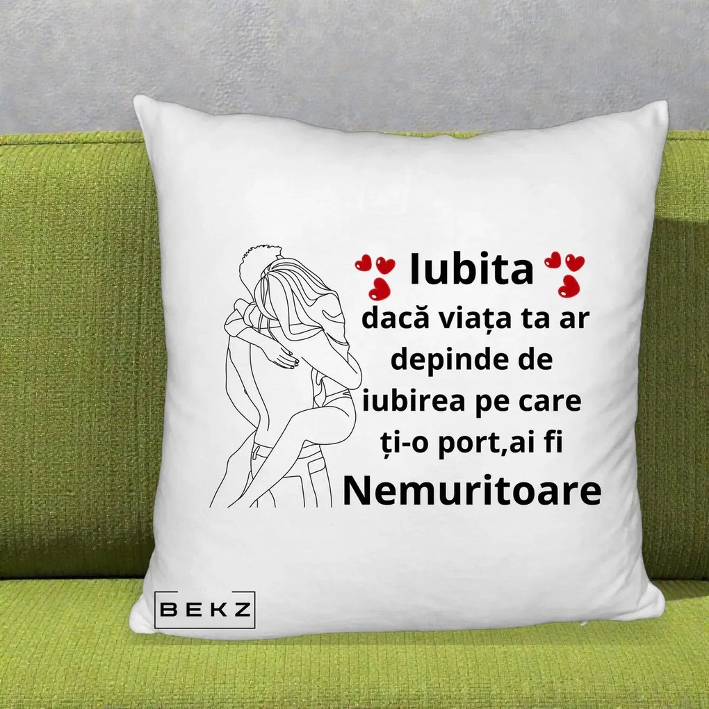 Cadou pentru Iubita - Perna Personalizata Iubita Nemuritoare cu Cuplu Line-Art si Inimi Rosii, 40x40 cm, Alb Pufos, Husa Detasabila, Perna Inclusa, BEKZ®