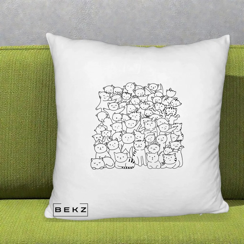 Perna Personalizata Many Cats Pattern Alb-Negru, 40x40 cm, Alb Pufos, Husa Detasabila, Perna Inclusa, BEKZ®