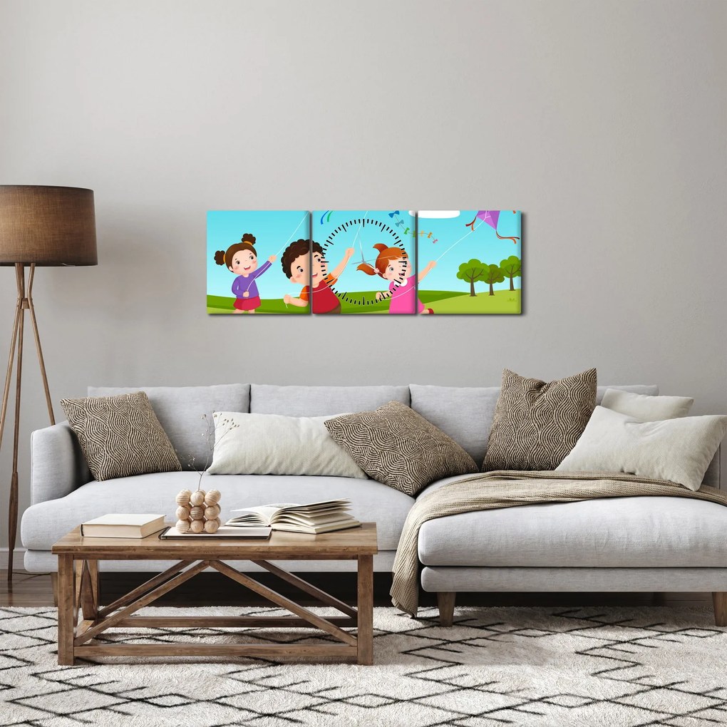Tablou - Copii cu zmeu (cu ceas) (90x30 cm)