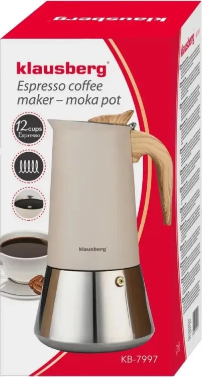 Aparat electric de cafea espresso cubanez Klausberg KB 7997, 600 ml, 12 cesti, Supapa de siguranta, Otel, Inductie, Bej