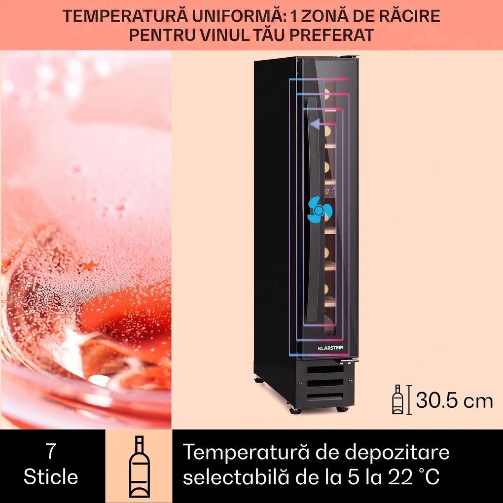 Klarstein Vinovilla 7, built-in, Uno Onyx, frigider incorporabil pentru vin, sticla neagra, otel inoxidabil