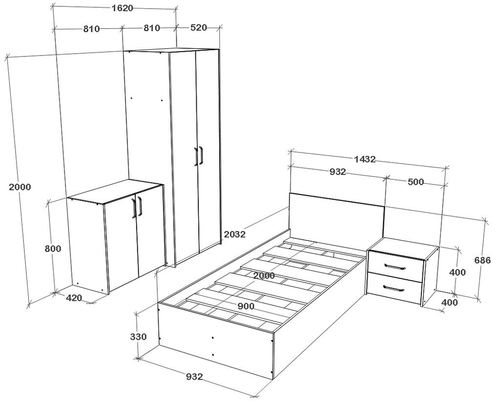 Set dormitor Malmo V19, Pat 200 x 90 cm, Stejar Alb/Antracit