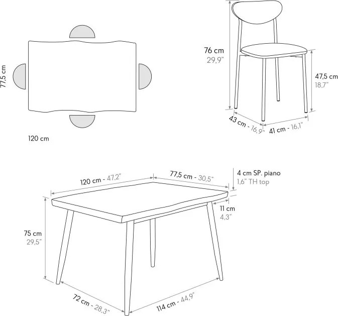 Set Gina masă 120 cm fixă + 4 scaune