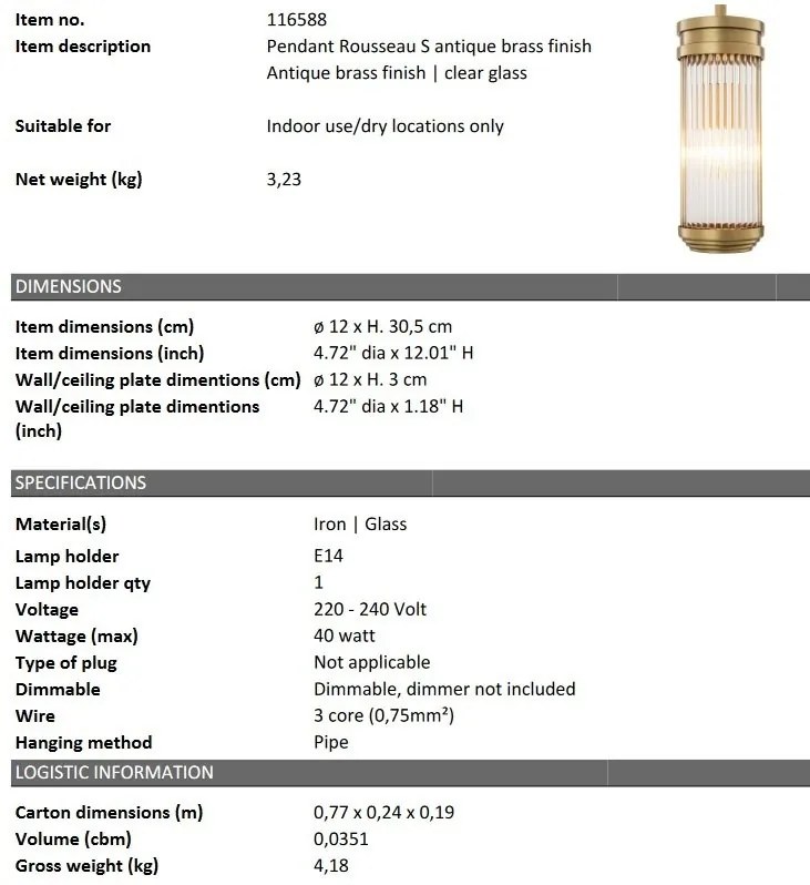 Lustra, Pendul design LUX Rousseau S, alama antic