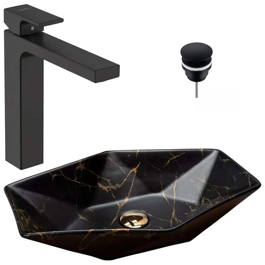 Pachet lavoar pe blat Rea Vegas negru 56.5 cm, baterie lavoar Hansgrohe Vernis Shape 190 negru si ventil lavoar Click-Clack D negru