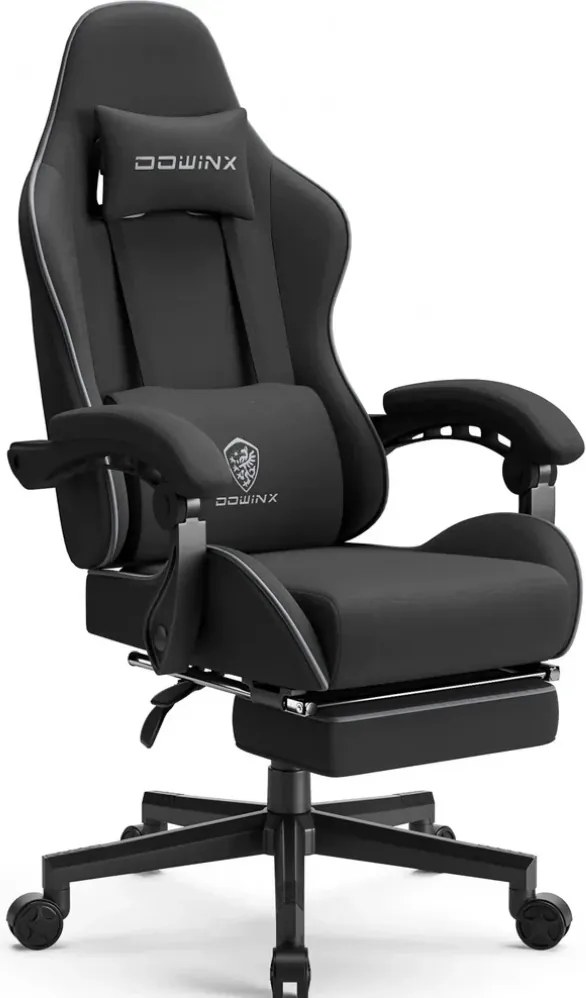 DOWINX 6658 - Scaun Gaming Ergonomic, Masaj in perna lombara, Șezut cu Arcuri Metalice și Spumă, Suport pentru picioare, Rabatabil 90°–135°, Rezistent 130 kg, Material textil, Negru