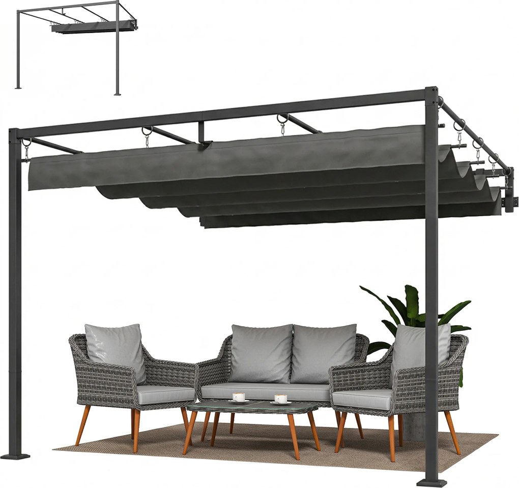 Outsunny Pergolă adosată 3x3 m cu Acoperiș Retractabil Alunecător UV30+ și Orificii de Drenaj, Gri Închis | Aosom Romania