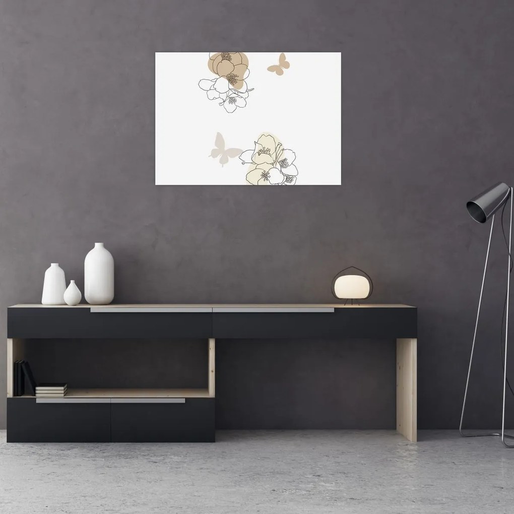 Tablou pe sticlă - Flori bej cu fluture N⁰2 (70x50 cm)