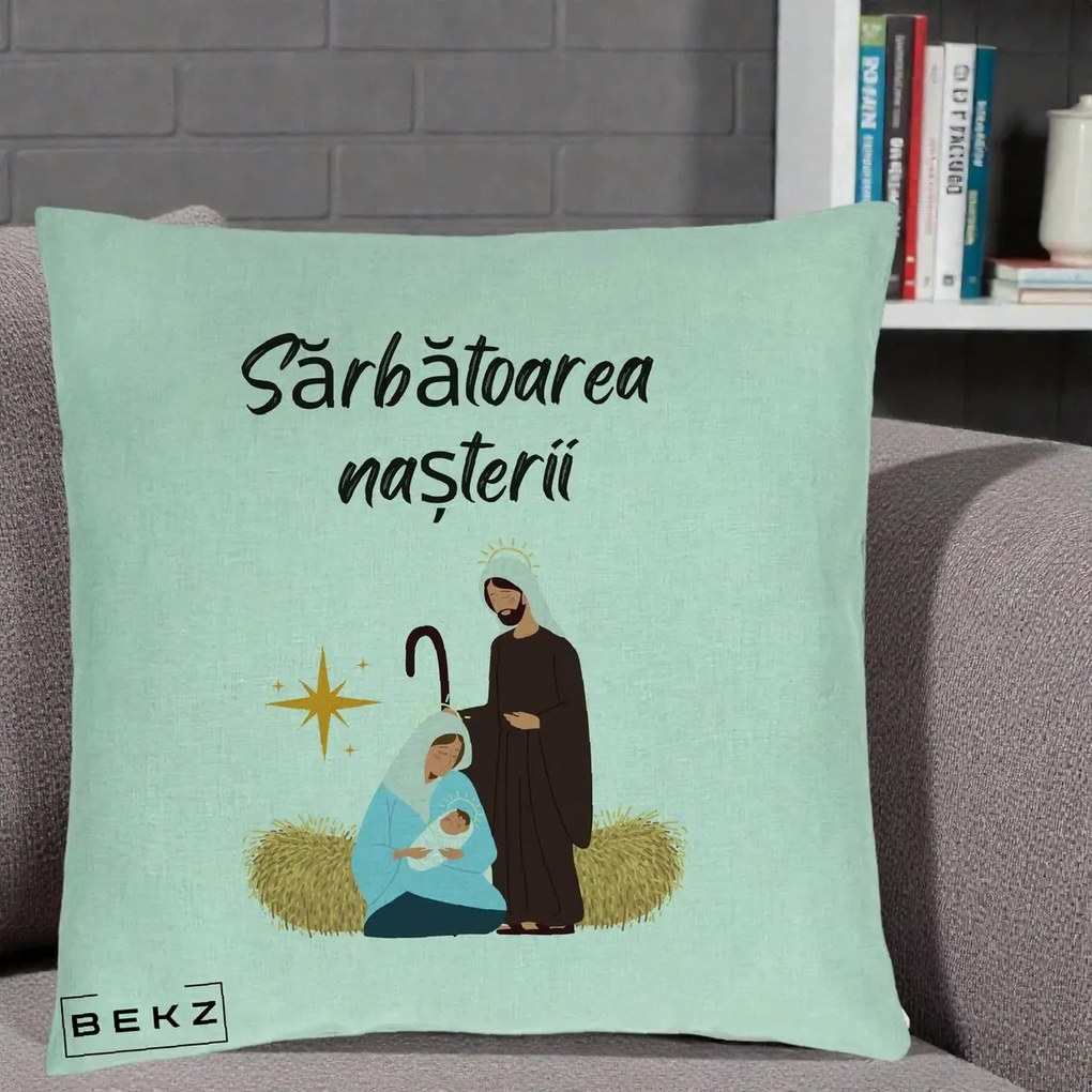 Perna Decorativa Nasterea Domnului Sfanta Familie Sarbatoarea Nasterii, 40x40 cm, Verde Menta, Husa Detasabila, Perna Inclusa, BEKZ®