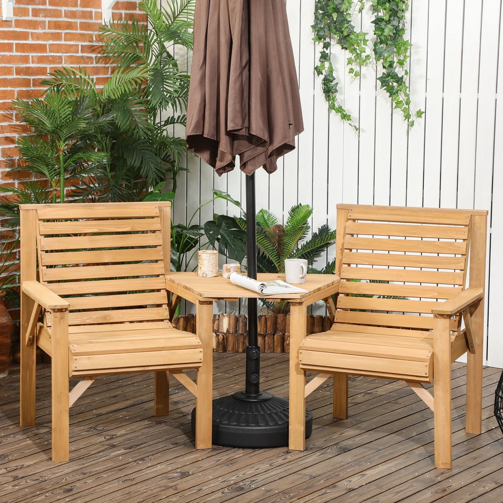 Outsunny Set bistro 3 piese din lemn rezistent la intemperii, set mobilier de grădină cu design cu lamele, orificiu pentru umbrelă Maro | Aosom Romania