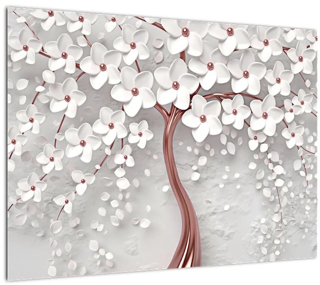 Tablou - Imaginea copacului alb cu flori albe, rosegold (70x50 cm)
