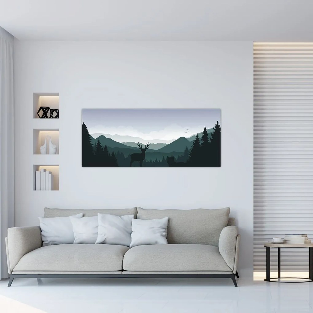 Tablou - Cerb cu lup pe stânci (120x50 cm)