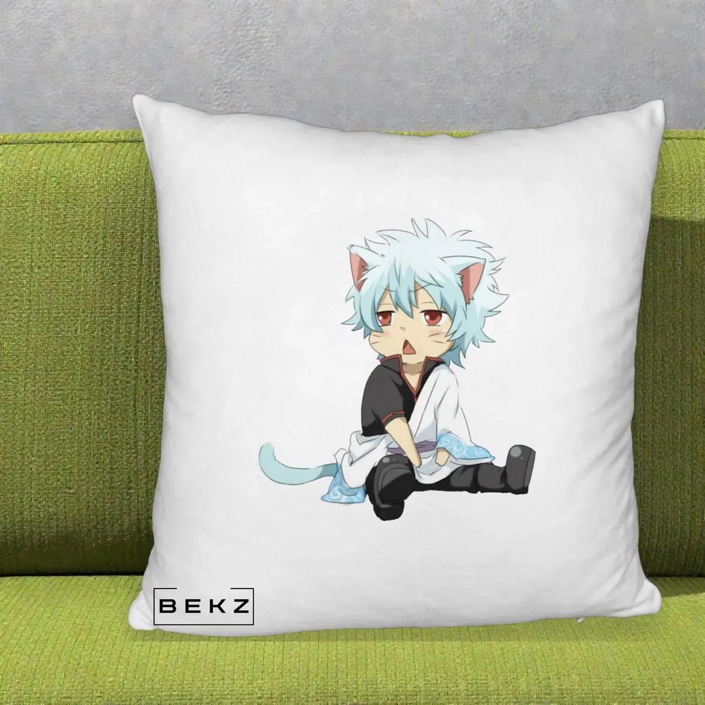 Perna Personalizata Gintama Gintoki Chibi Pisica, 40x40 cm, Alb Pufos, Husa Detasabila, Perna Inclusa, BEKZ®
