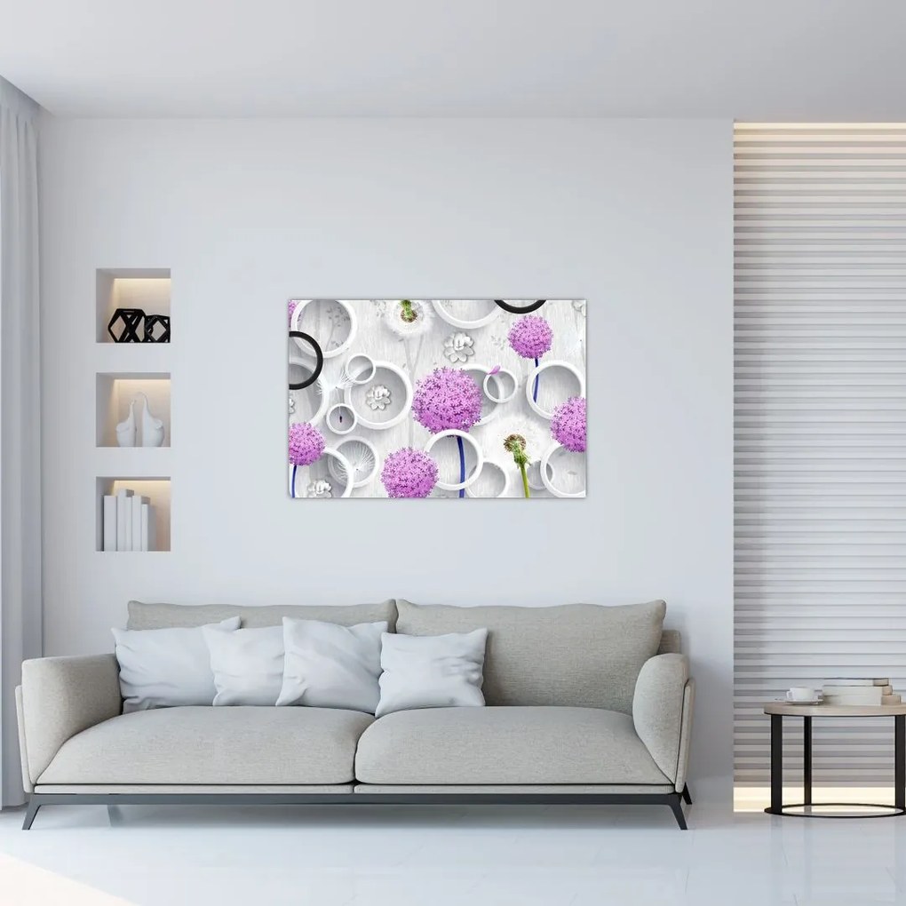 Tablou cu abstracție 3D cu cercuri și flori (90x60 cm)