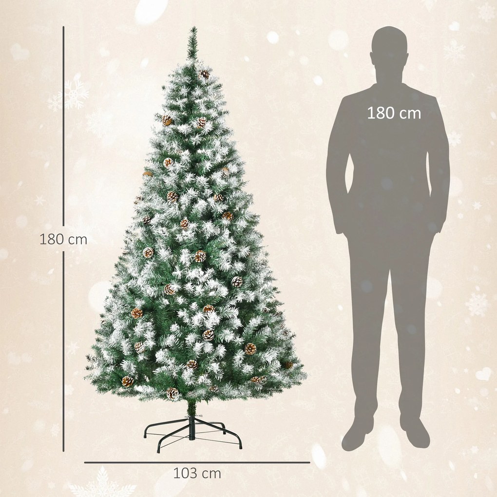 HOMCOM Brad de Crăciun Înzăpezit cu Conuri, Brad Artificial cu Deschidere Automată și Bază Pliabilă, Ø103x180 cm, Verde | Aosom Romania