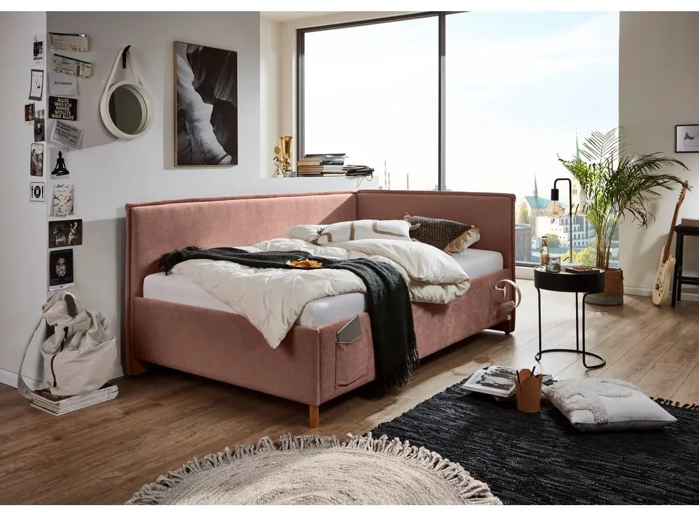 Pat pentru copii roz pe colț tapițat fără somieră 140x200 cm Fun – Meise Möbel