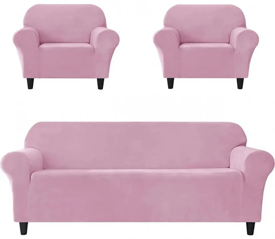 Set huse elastice din catifea pentru canapea 3 locuri + 2 fotolii, cu brate, roz, HCCJS-08