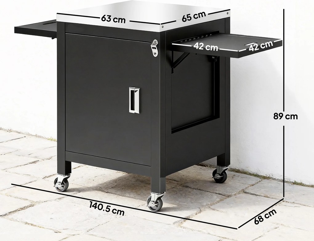 Outsunny Căruț de grădină pentru grătar pe roți, blat din oțel inoxidabil, suport pentru prosoape, 140,5 x 68 x 89 cm Negru | Aosom Romania